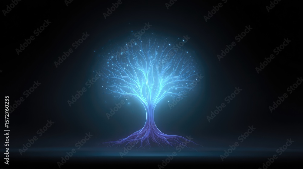 Poster tree of life formed from glowing particles and roots fading into light, placed on black background w