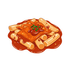 Colorful illustration of spicy Korean rice cakes served on a plate with sauce