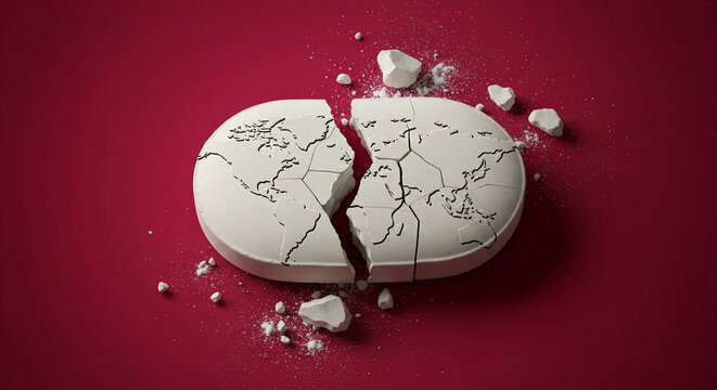 Cracked pill shaped like world map, depicting global fragmentation, symbolizing division or crisis, suitable for social or political commentary