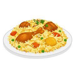 A vibrant plate of biryani featuring succulent chicken pieces and spices