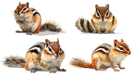 Four illustrations of chipmunks, depicting various poses and showcasing their distinct features