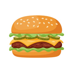 A delicious cheeseburger with lettuce, pickles, and melted cheese on a sunny background