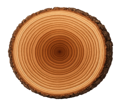 Cross-section of tree trunk displaying annual growth rings in varying widths