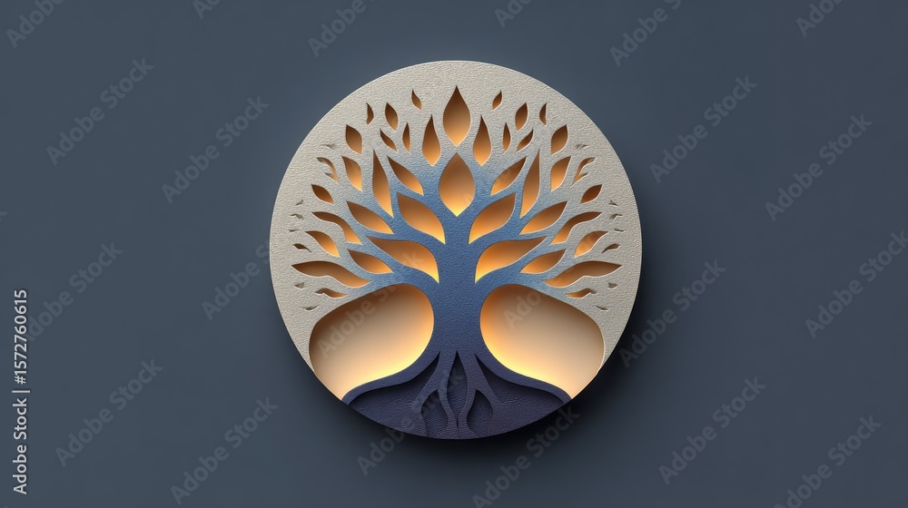 Poster tree of life inside a glowing circle made from roots and leaves, placed on minimalist gray backgroun