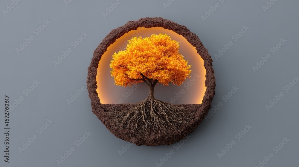 Poster tree of life inside a glowing circle made from roots and leaves, placed on minimalist gray backgroun