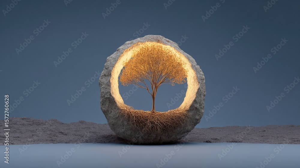 Aufkleber tree of life inside a glowing circle made from roots and leaves, placed on minimalist gray backgroun