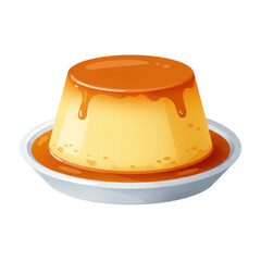 Delicious caramel flan dessert presented on a white plate with a glossy finish