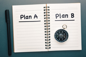 Open notebook showing Plan A and Plan B text, black pen, and compass symbolizing alternative...