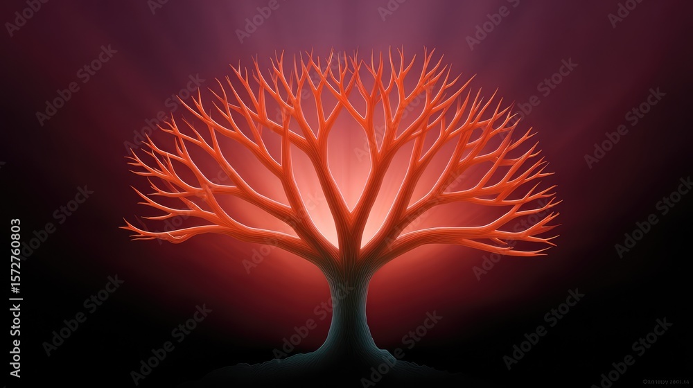 Aufkleber tree of life made from intertwining light beams over a red and black gradient background, radiant wi