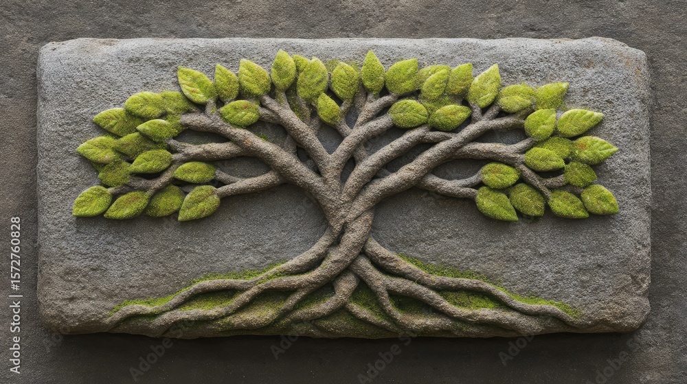 Poster tree of life made from intertwining vines and leaves, centered on mossy stone texture background wit
