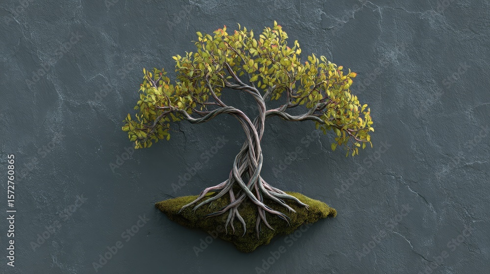 Poster tree of life made from intertwining vines and leaves, centered on mossy stone texture background wit