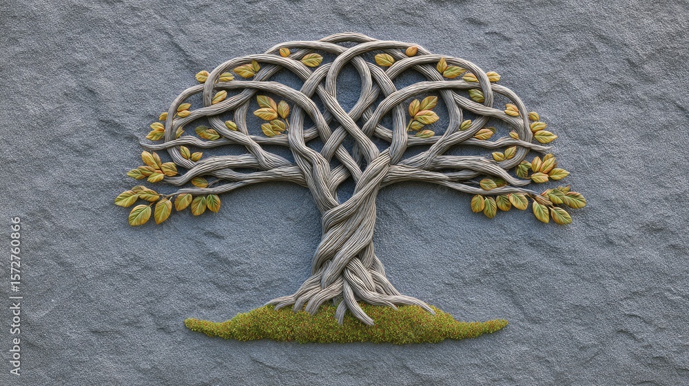 Poster tree of life made from intertwining vines and leaves, centered on mossy stone texture background wit