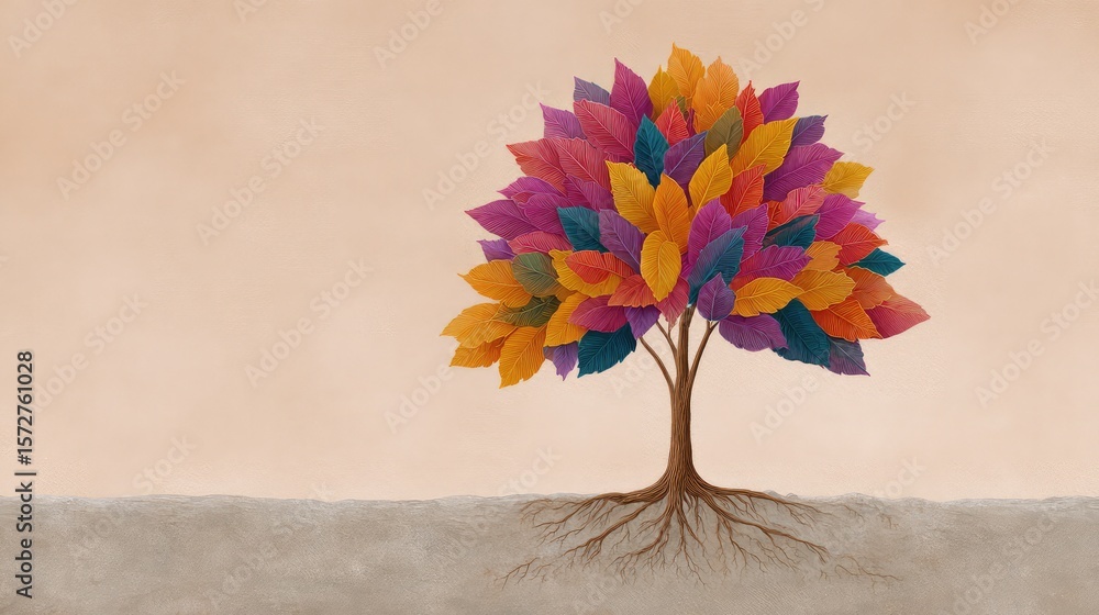 Poster tree of life shaped from falling leaves and rising roots on soft pastel background with copy space