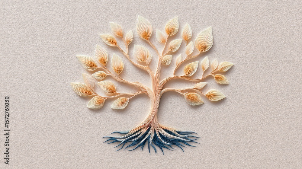 Poster tree of life shaped from falling leaves and rising roots on soft pastel background with copy space