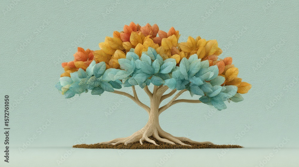 Poster tree of life shaped from falling leaves and rising roots on soft pastel background with copy space