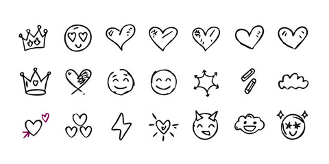 Smile doodle emoji faces in hand drawn vector doodle sketchy style. Happy, sad, crying emotional scribbles, comic elements for business design.
