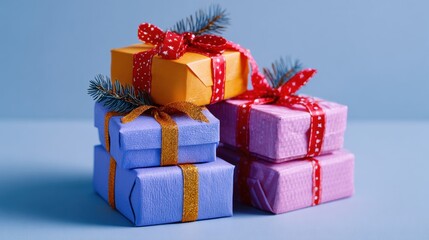 Obraz premium Three colorful wrapped gift boxes stacked with decorative bows on a white background, ideal for holiday themes.