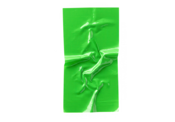 A strip of wrinkled green duct tape is isolated on a transparent background, closeup studio shot