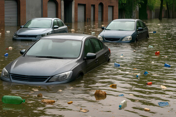 Flooding in the city, submerged cars float among the garbage. Natural disaster