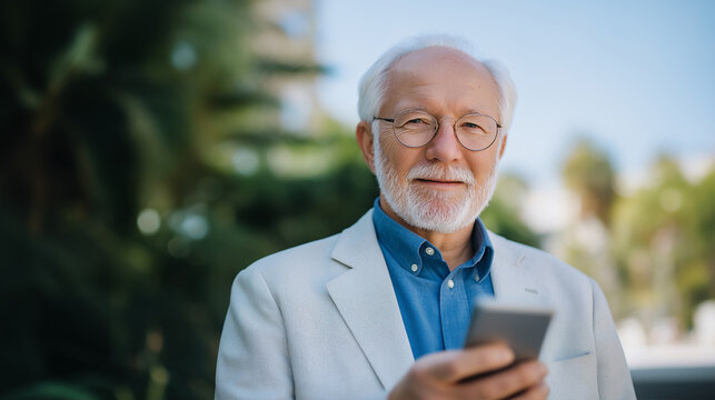 Senior man enjoying smartphone in the park on a sunny afternoon