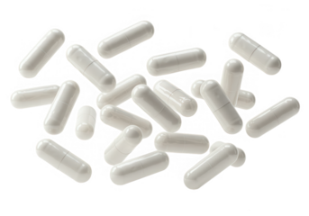 A scattered pile of white capsules presents a pharmaceutical theme for health and wellness isolated on transparent background