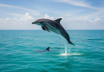 Fototapeta premium Joyful Dolphin Leaping from Azure Waters: A Stunning Display of Marine Wildlife in the Open Ocean