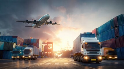 A cargo truck and airplane flying over a container yard, representing the connection between land and air transport in the logistics industry, highlights fleet management and infrastructure
