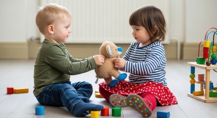 Two young children sharing a teddy bear and playing with colorful wooden toys