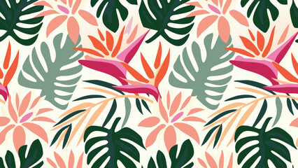 Seamless pattern featuring tropical leaves and bird of paradise flowers on a light background tone