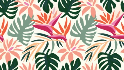 Gardinen Pflanzen Muster  Seamless pattern featuring tropical leaves and bird of paradise flowers on a light background tone  © Wishi