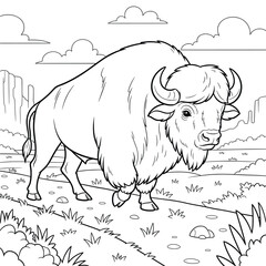 Bison coloring page – cartoon wild bison walking through grassland with mountain background, educational and fun line drawing for animal-themed kids’ activities