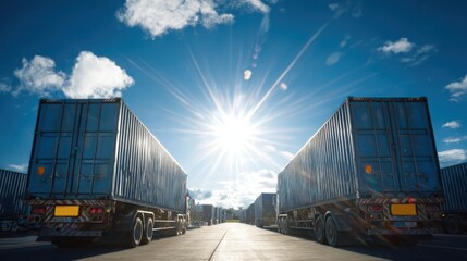 A blue sky with the sun shining down on two trucks lined up, creating a vibrant transportation scene, the focus is on fleet management and the coordination of logistics operations