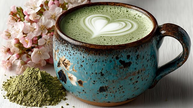 Blue-Brown Spotted Cup Heart Matcha, Cherry Blossom Bouquet with Powder, Japanese Minimalist Scene