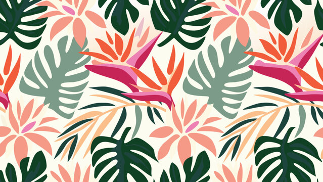 Seamless pattern featuring tropical leaves and bird of paradise flowers on a light background tone