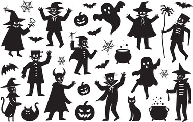 Spooky Halloween Silhouette Icon Set – Ghosts, Witches, Bats and Pumpkins Vector