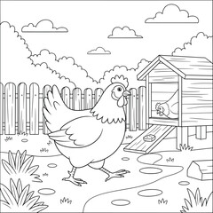 Chicken coloring page – cartoon hen walking near chicken coop with another hen inside, fun and educational farmyard animal illustration for kids’ coloring activities © Crafter