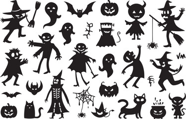 Spooky Halloween Silhouette Icon Set – Ghosts, Witches, Bats and Pumpkins Vector