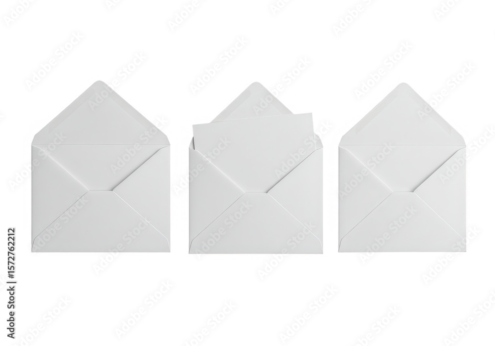 Poster three white envelopes, one open with a card inside, are arranged in a row on a transparent backgroun