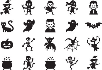 Spooky Halloween Silhouette Icon Set – Ghosts, Witches, Bats and Pumpkins Vector