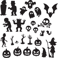 Spooky Halloween Silhouette Icon Set – Ghosts, Witches, Bats and Pumpkins Vector