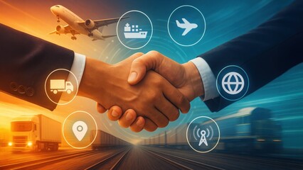 A handshake between two professionals with digital icons, infrastructure management and fleet tracking concepts are emphasized