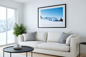Modern living room with winter mountain landscape framed poster and snow view