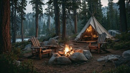 Tent with campfire and chairs in forest clearing, outdoor camping scene for nature retreat, vacation or family bonding