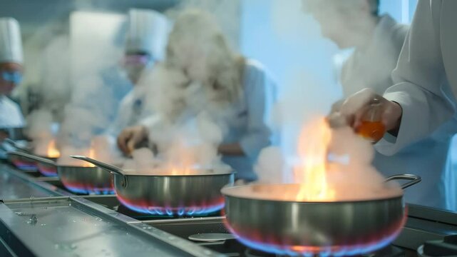 Culinary Arts Students Cooking Class Intense Kitchen Action