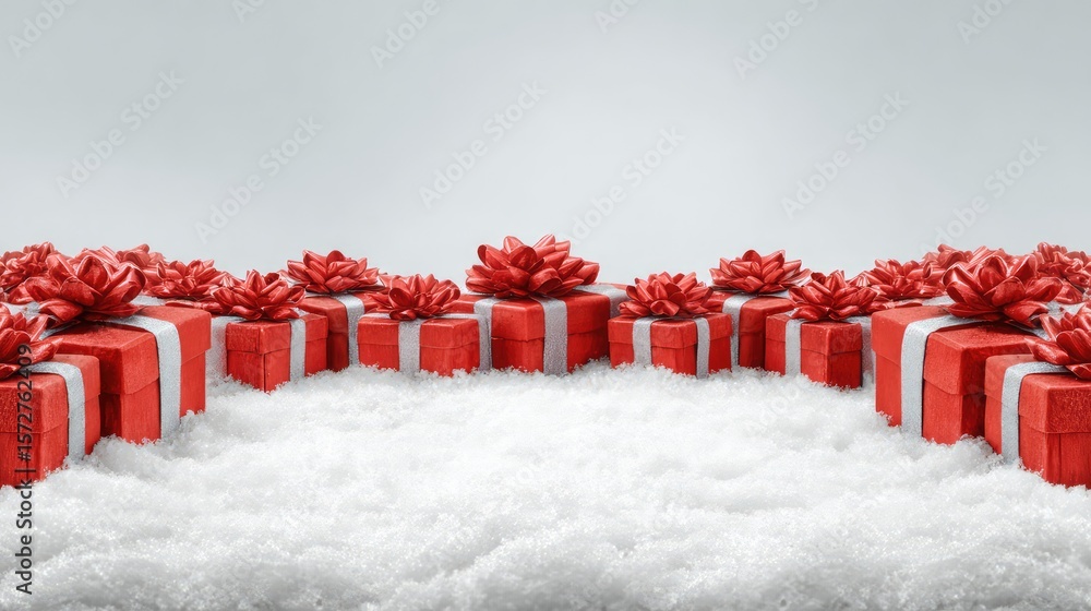 Poster wrapped presents arranged in snow forming a festive border, clear middle area for inserting text or 
