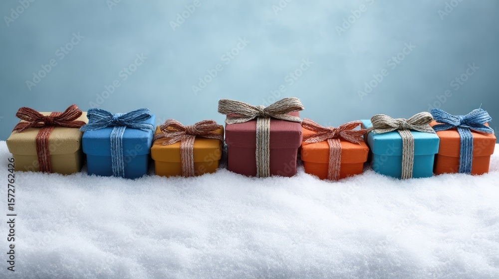 Poster wrapped presents arranged in snow forming a festive border, clear middle area for inserting text or 
