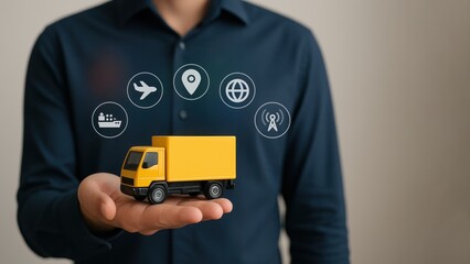 A person holds a yellow delivery truck model with floating digital icons like pie charts and bar graphs in the air, symbolizing data analysis and fleet management