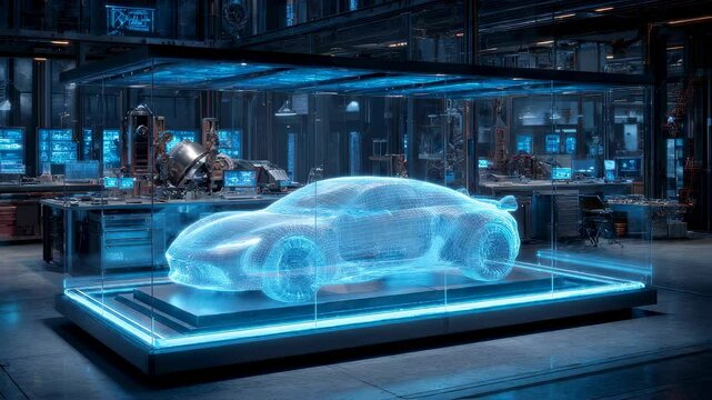 Immersive view of a threedimensional hologram displaying a concept car set against a backdrop of hightech machinery and illuminated workstations reflecting the evolution of automotive