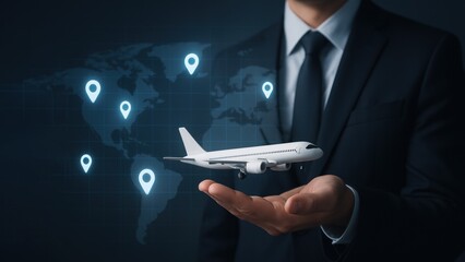 Businessman holding a small white airplane model in front of a dark background with glowing location markers symbolizing data analysis and fleet management