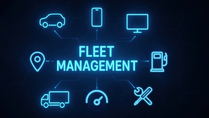 A sleek digital design with fleet management text at the center surrounded by minimalistic icons emphasizing innovation and connectivity